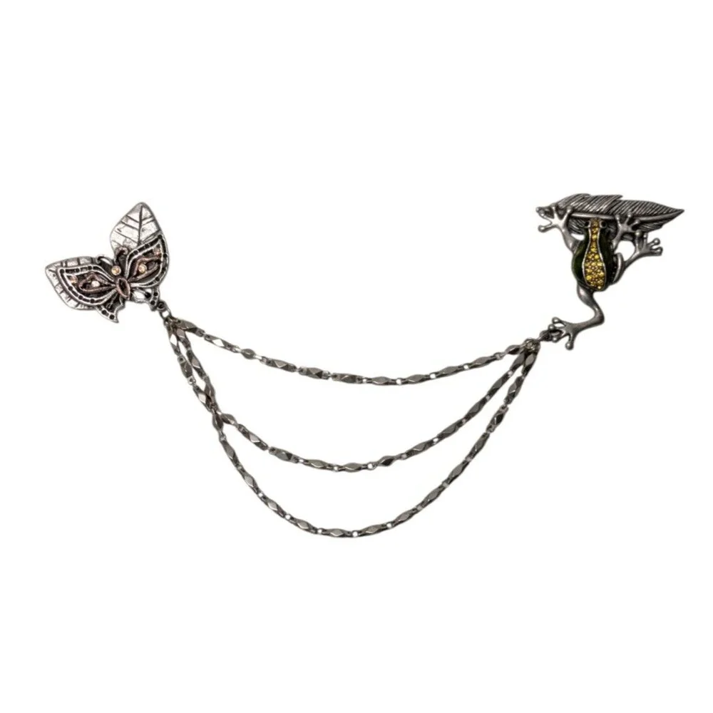 Vintage AJMO Frog Butterfly Lapel Chain Brooch Clip Pin Rhinestone Enamel